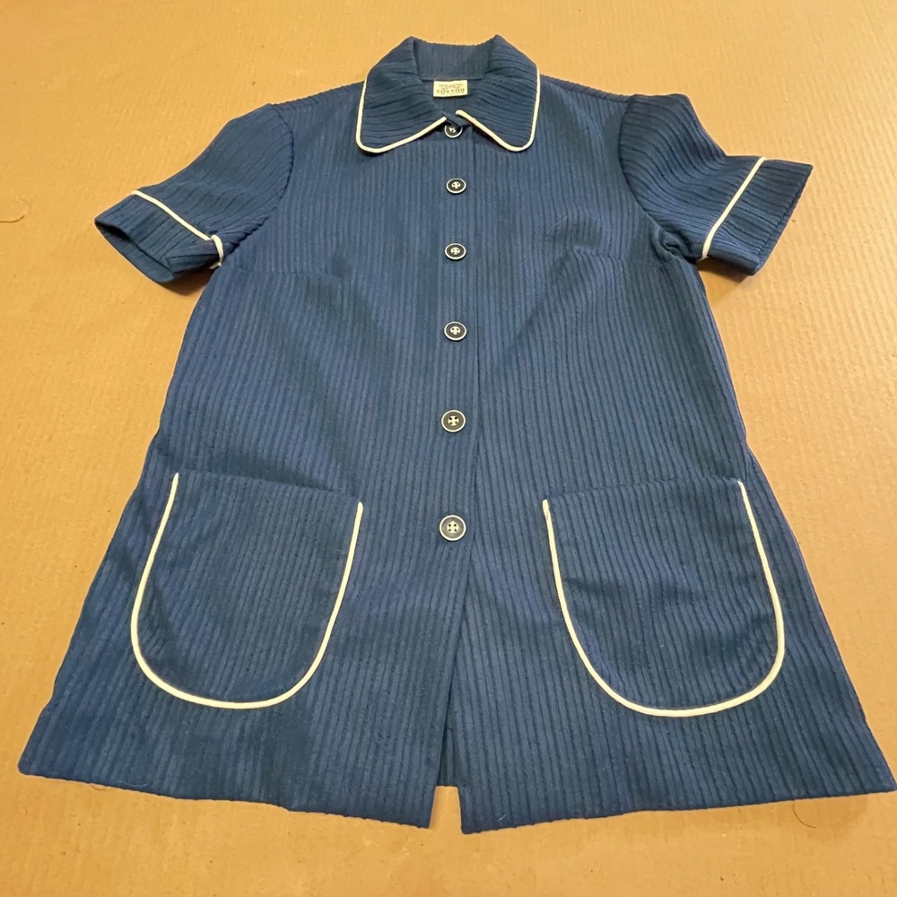Vintage 1970s Cos Cob Women's Small Navy Textured Knit Mod Piped Tunic Jacket